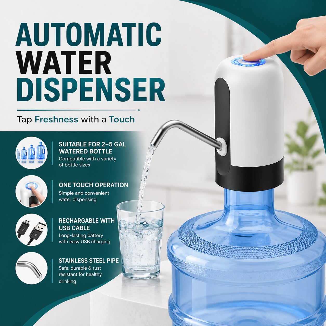 Electric Pump Water Dispenser | USB Rechargeable Water Bottle Pump