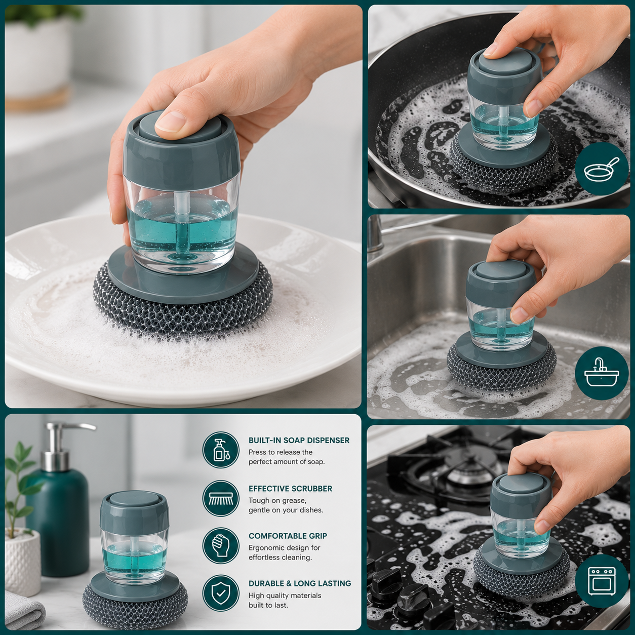 Soap Dispensing Palm Brush | Steel Wire Dish Scrubber with Liquid Dispenser