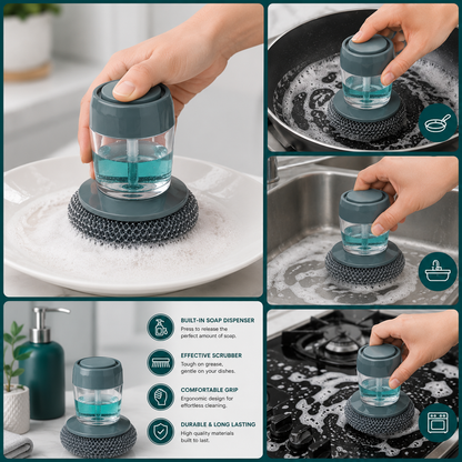 Soap Dispensing Palm Brush | Steel Wire Dish Scrubber with Liquid Dispenser