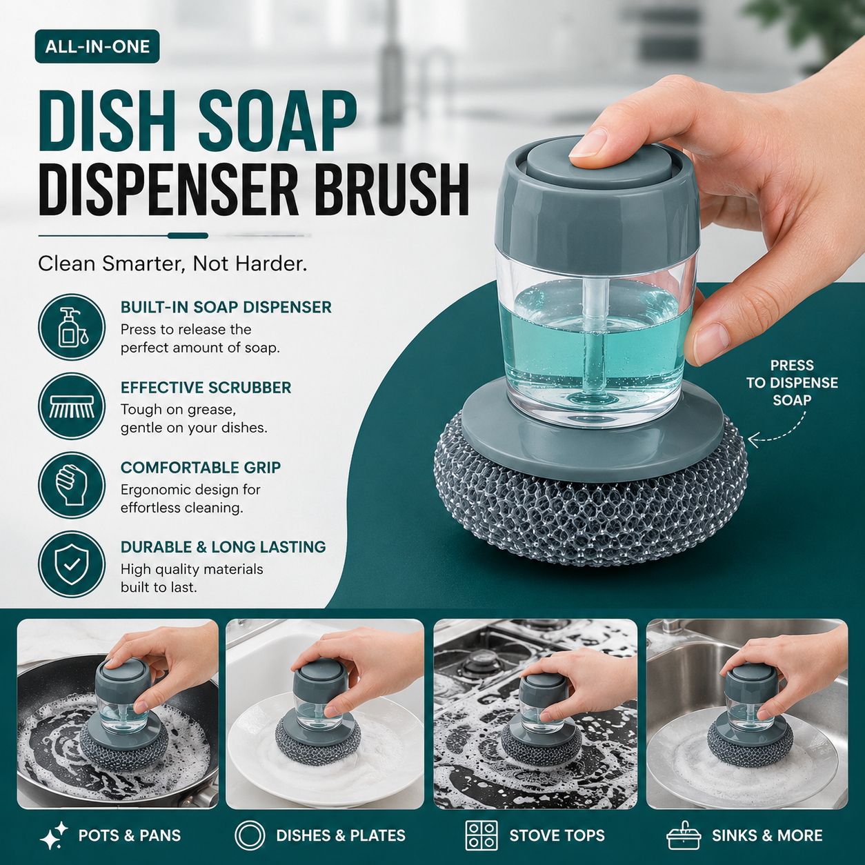 Soap Dispensing Palm Brush | Steel Wire Dish Scrubber with Liquid Dispenser
