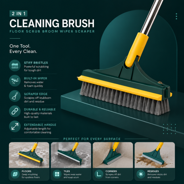 Long handle floor scrubber brush with rubber wiper