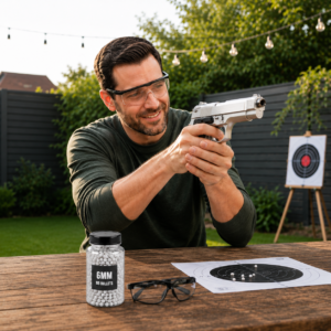 Silver airsoft toy gun designed for accurate target practice and role play